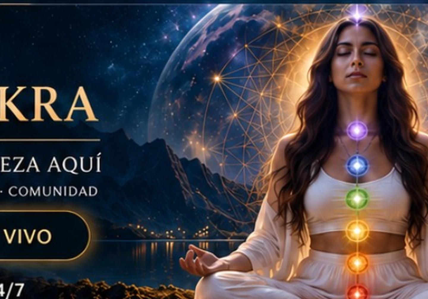 Mujer meditando frente a un paisaje cósmico azul y dorado